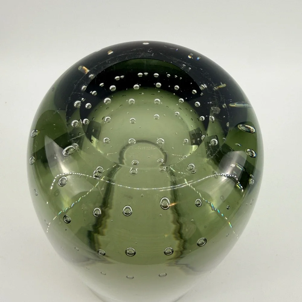 Attributed Carl Erickson Studio Art Glass Olive Green Bubble Cylinder Vase